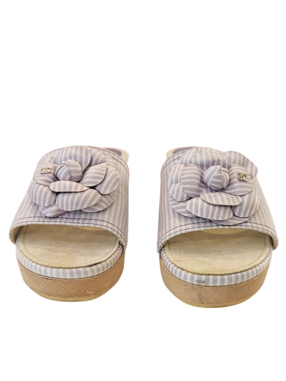 Chanel Viloet stripe Lambskin Leather Camellia Slide - Picture 7 of 11